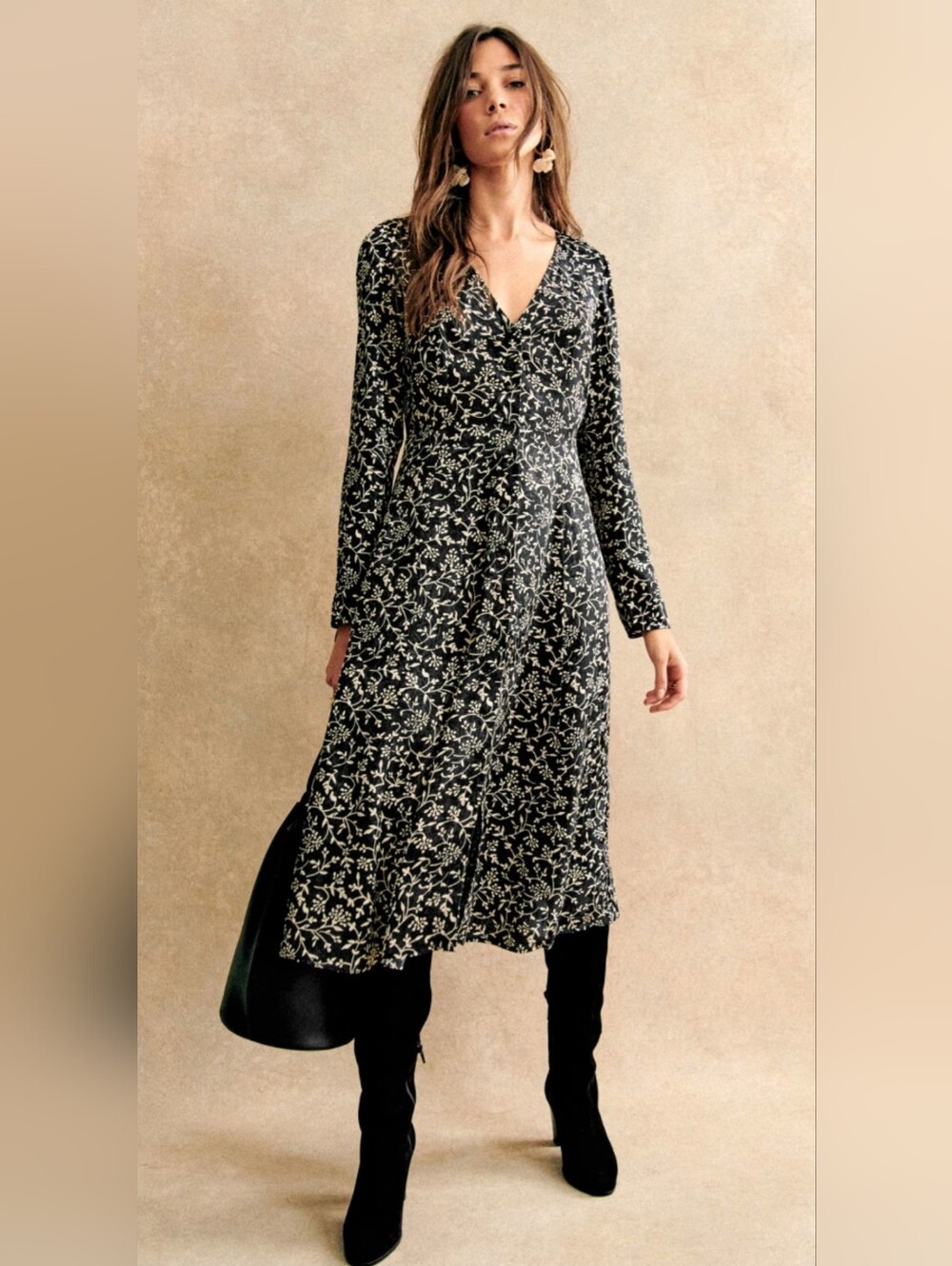 Sezane Victoriana Black Cream Floral Midi dress Size 2 XS S